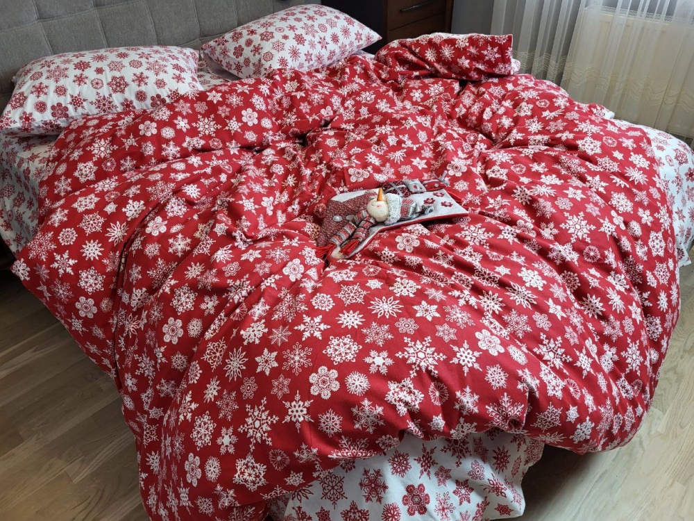 Постільна білизна фланель Комфорт текстиль Сніжинки червоні , Turkish flannel
